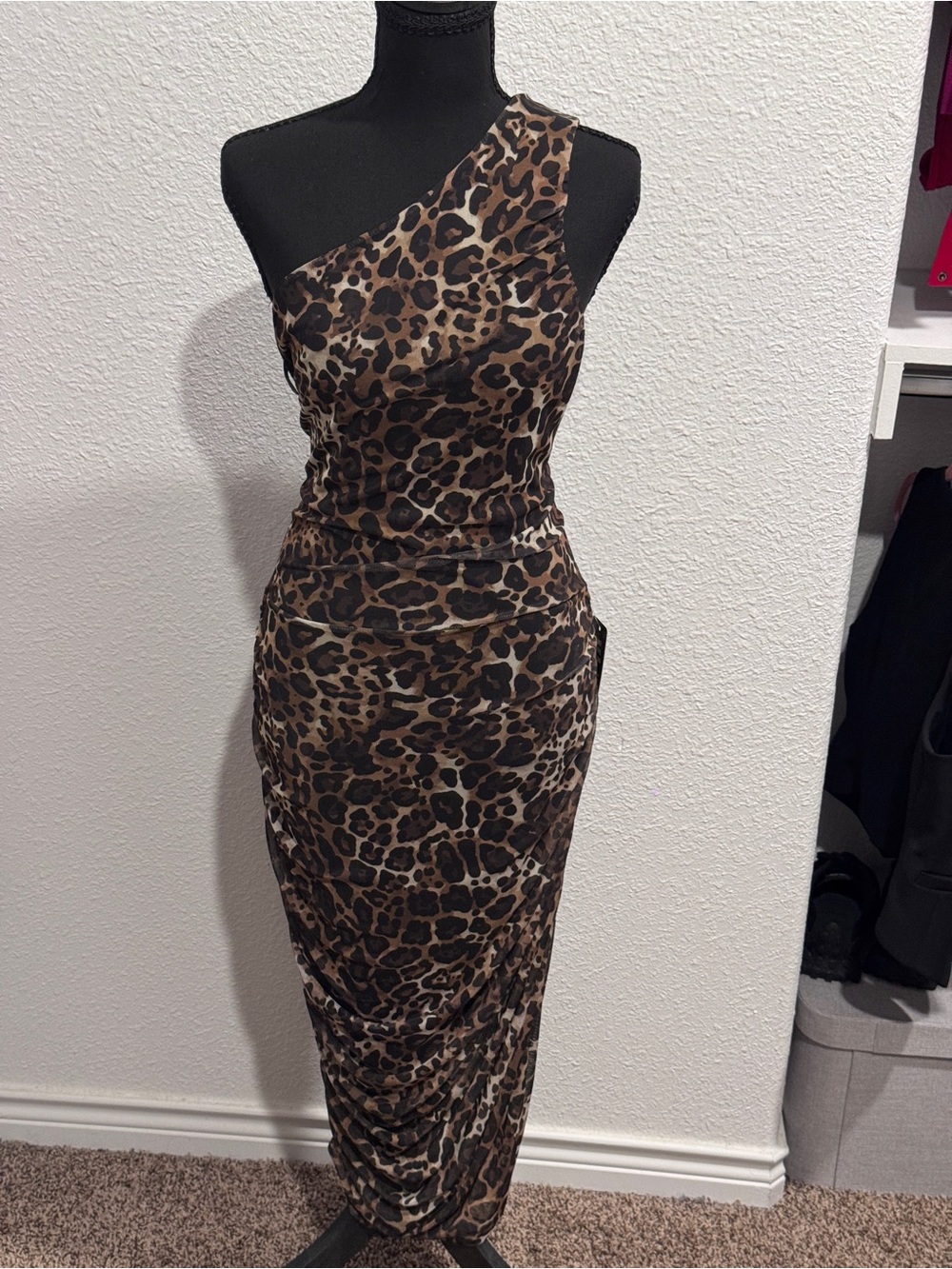 Express One-Shoulder Leopard Print Midi Dress in Brown